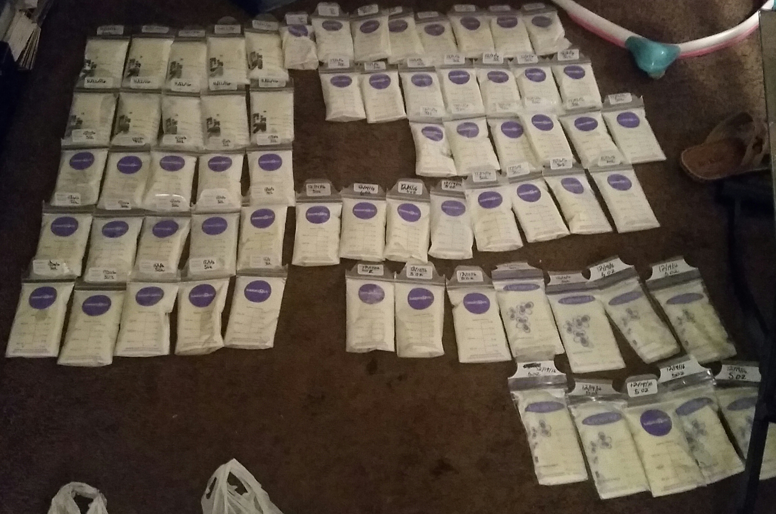 Bags of frozen breastmilk, ready to be donated