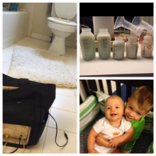 Photo collage of breast pump, bottles of breastmilk, and toddler holding baby