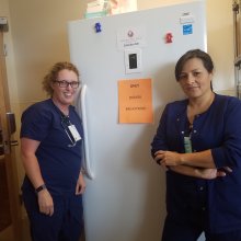 Two nurses standing on either side of a freezer
