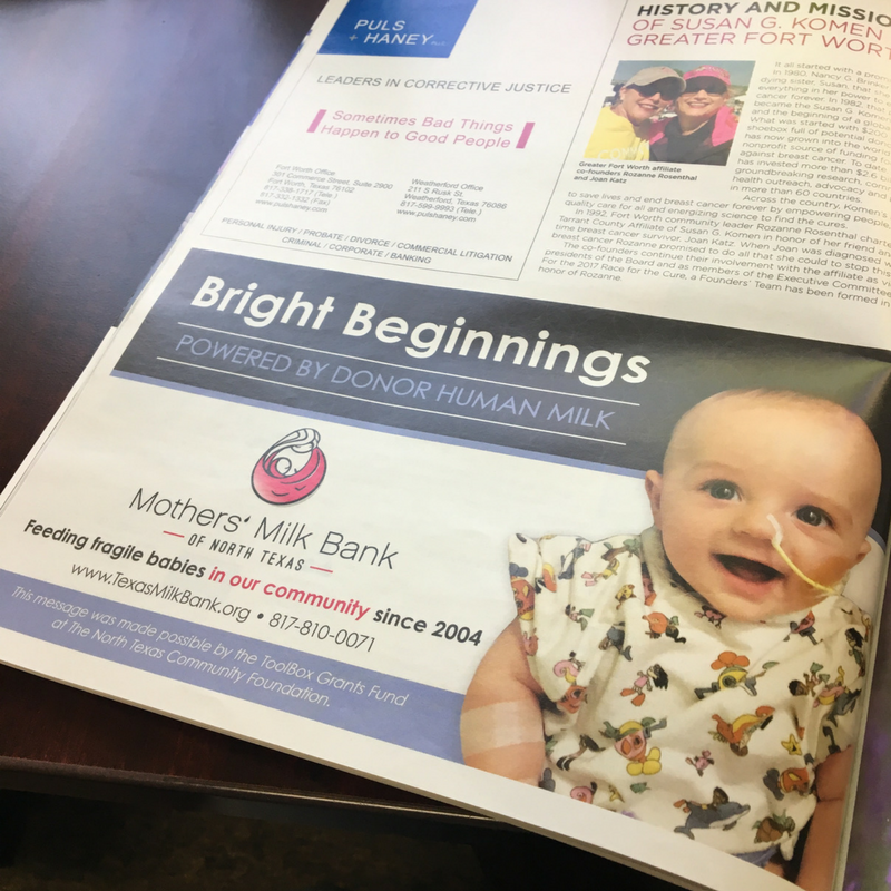 Half-page advertisement for milk bank featuring a happy baby