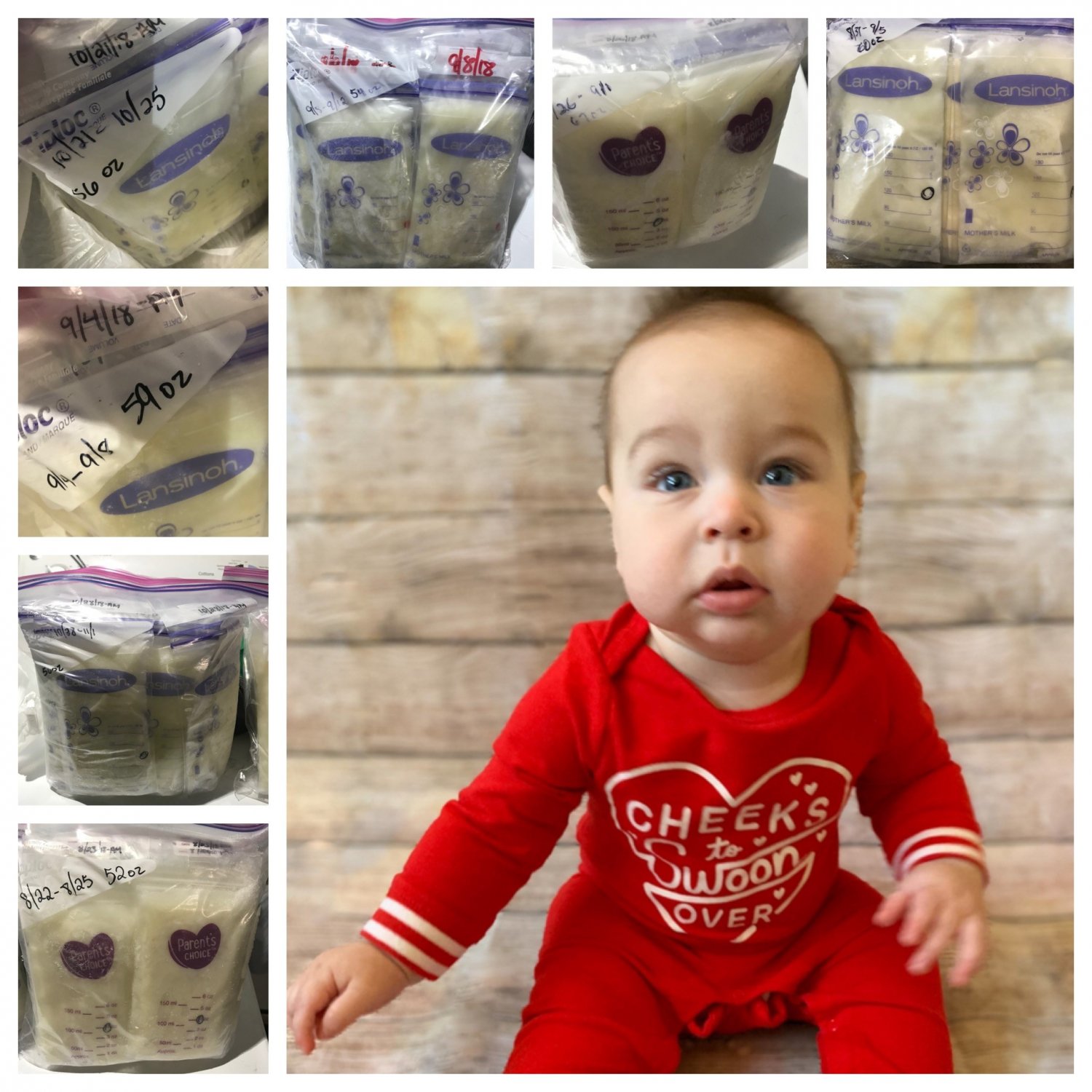 Photo collage of baby and bags of frozen breastmilk