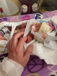 Harper holding her daddy's finger while in the NICU