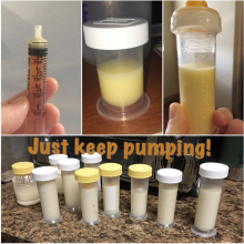 Collage of syringes and bottles of pumped breastmilk