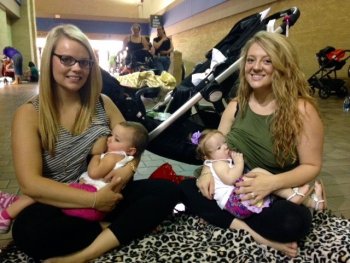 Two moms breastfeeding during the 2015 Big Latch On.