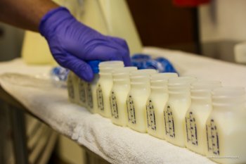 Donor milk being poured into 100mL bottles