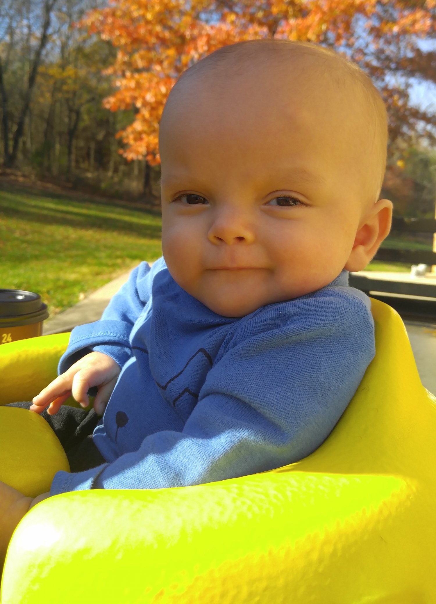 Baby sitting outside in a supportive seat