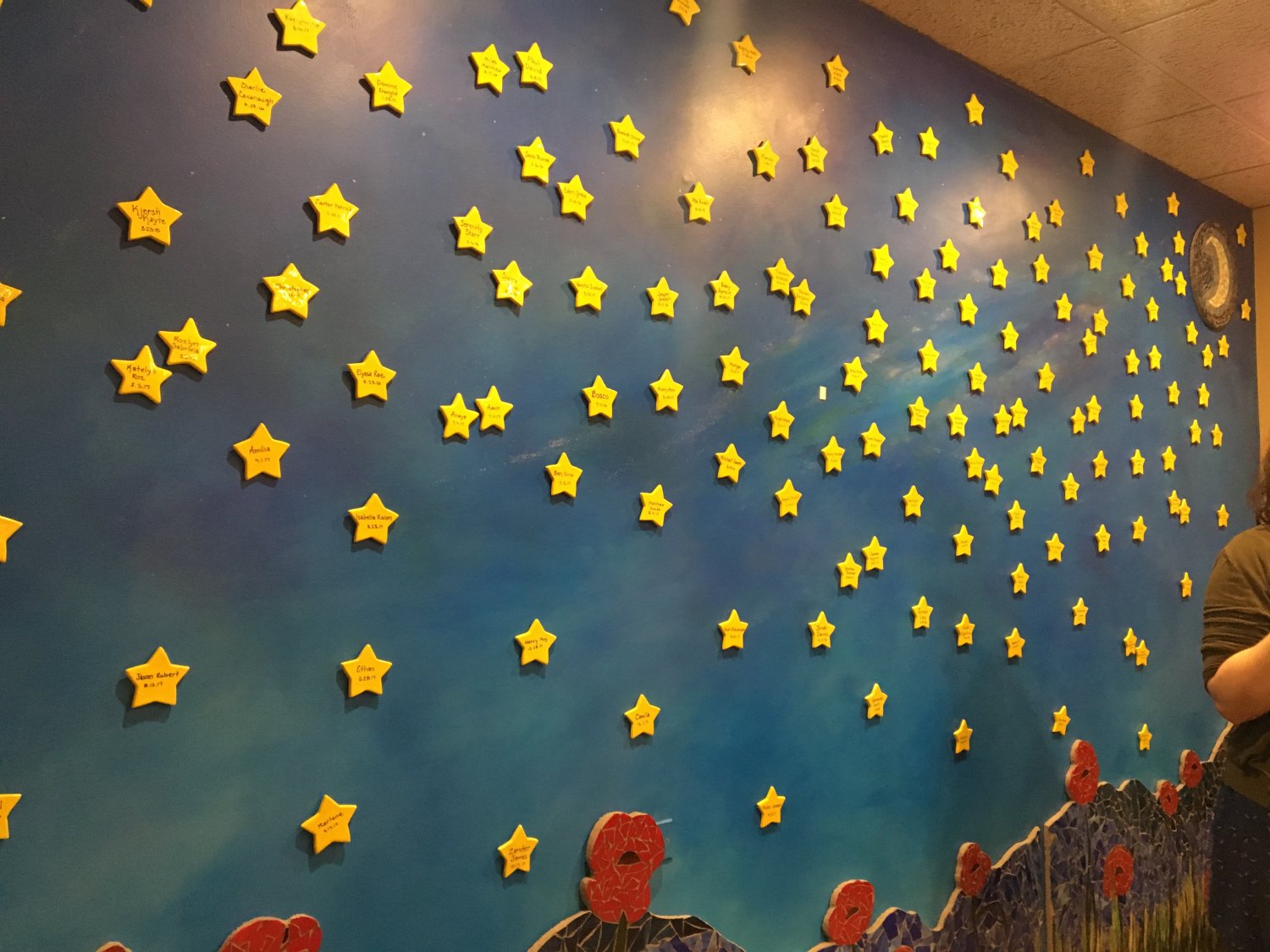 Sky mural with wooden stars attached to it