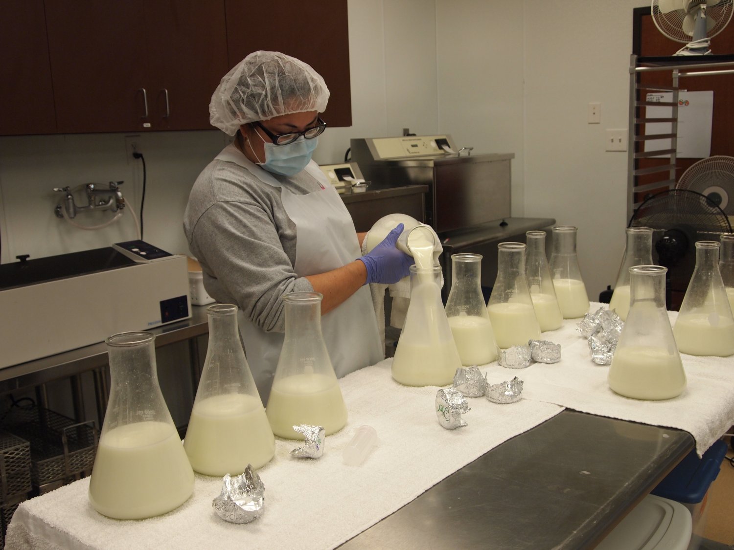 Lab technician pouring donated breastmilk into flasks